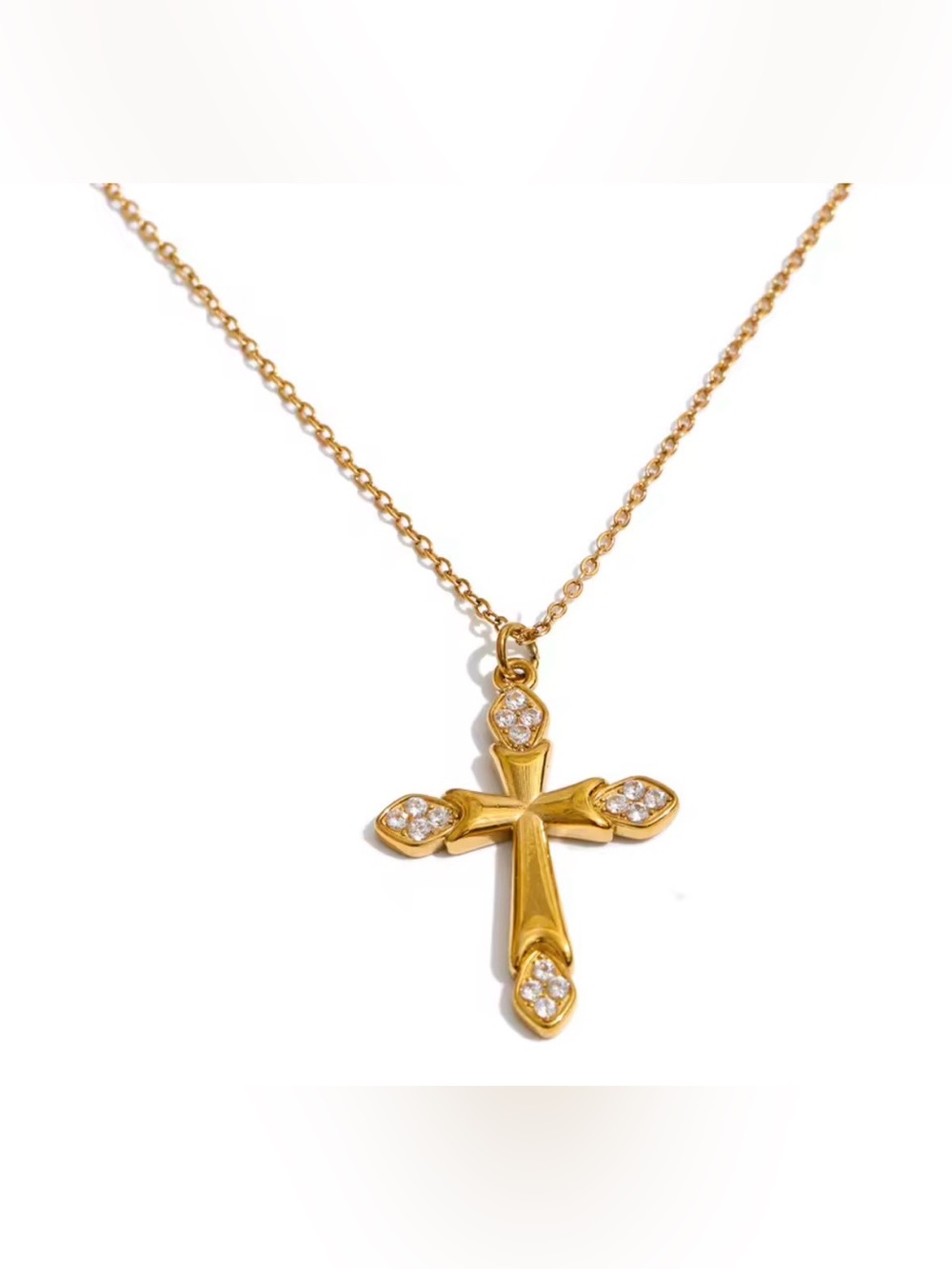 Gold Cross Pendant Necklace with Cubic Zirconia - Stainless Steel